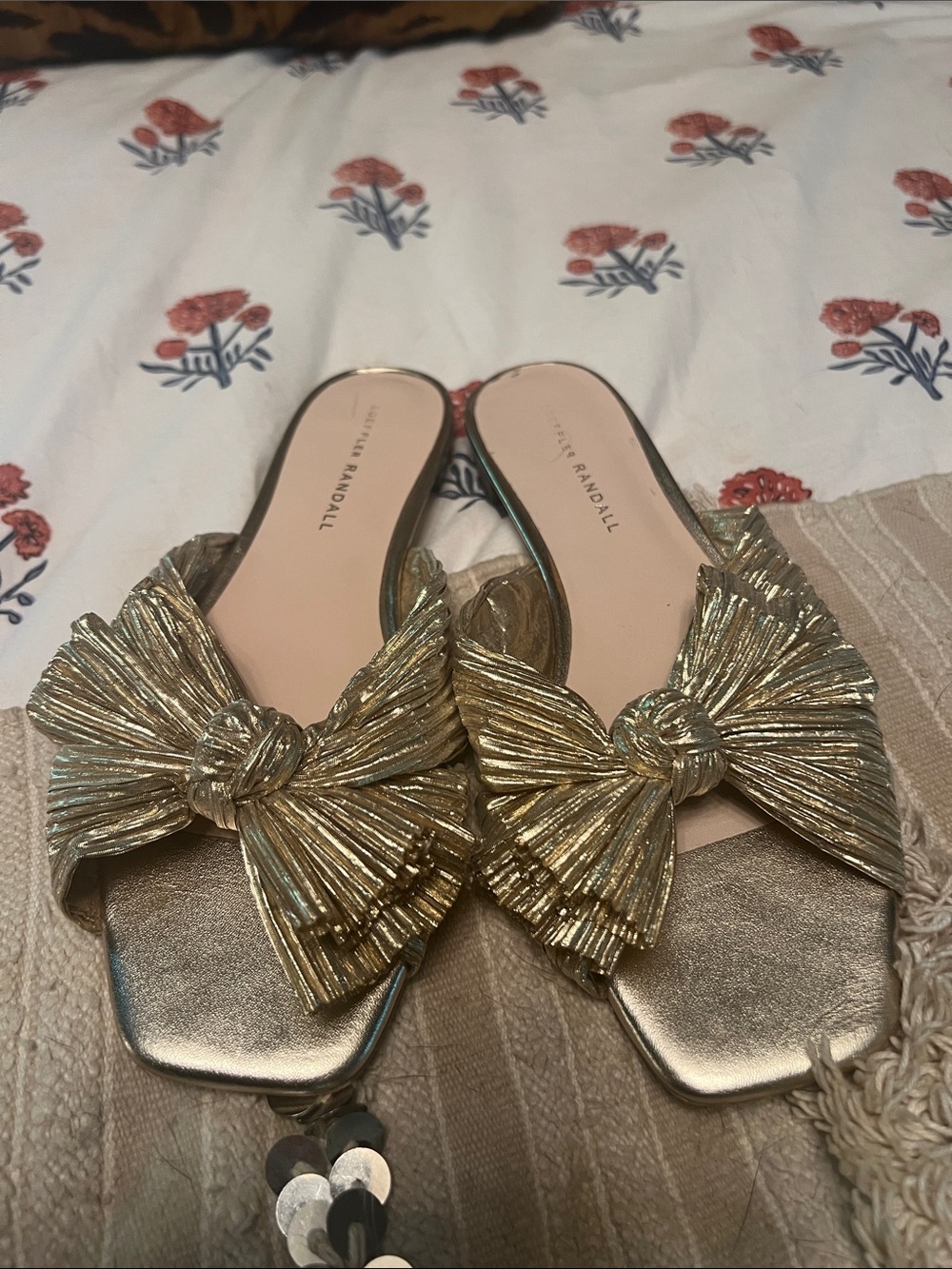 Loeffler Randall Daphne Pleated Gold Bow Sandals